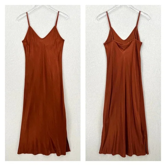 ENZA COSTA Dress Womens XS 0 Rust Satin Bias Slip Maxi Spaghetti Strap NWOT - Picture 4 of 16
